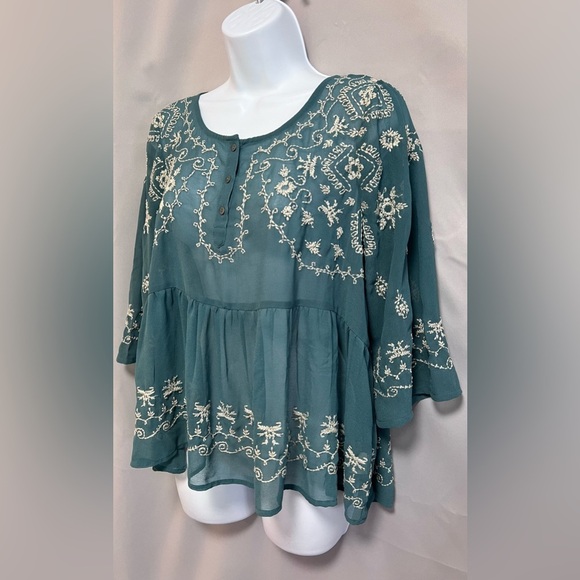 Free People Beautiful Teal Green Embroidered Boho Bell Sleeve Crop Blouse Medium - Picture 2 of 10